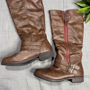 Brown riding Boots red zipper with Buckle Detail